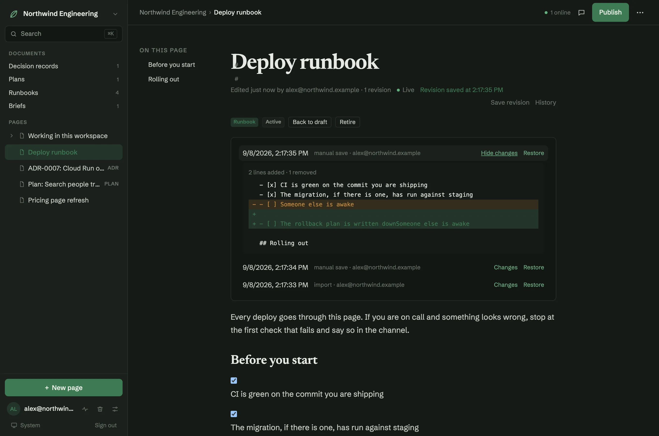 The revision history of a page expanded, showing what one revision changed: a single added checklist line marked in green.