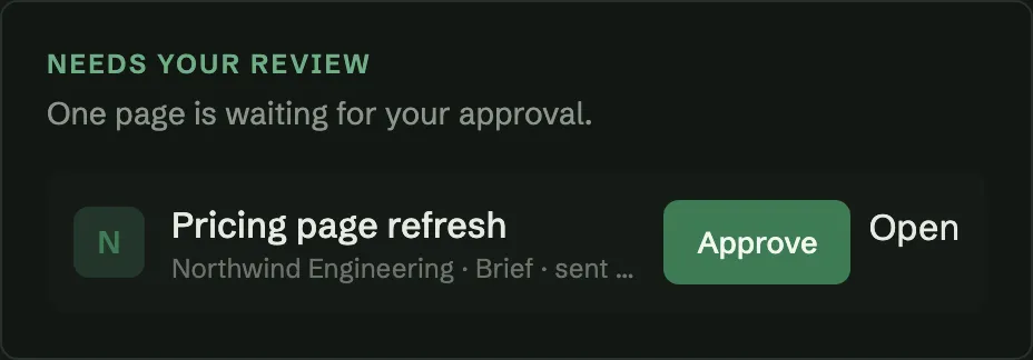 The home screen listing one page waiting for approval, with an Approve button beside it.
